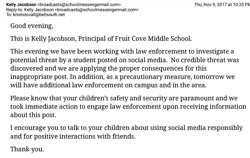 Increased security after social media threat at Fruit Cove Middle